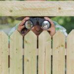 Neugieriger Nachbar steht hinter einem Zaun und schaut mit Fernglas rüber zum Nachbarn.