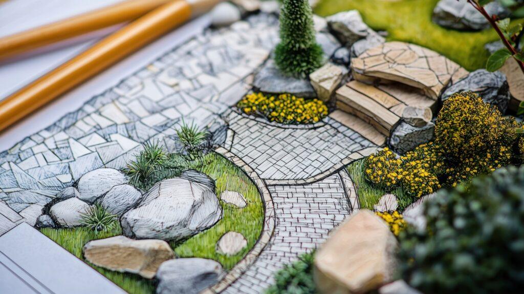 Detailreiche Gartenzeichnung mit Wegen und Bepflanzung | Fahrradgarage