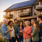 Verbrauchsausweis: Hausgemeinschaft vor einem energieeffizienten Mehrfamilienhaus mit Solaranlage