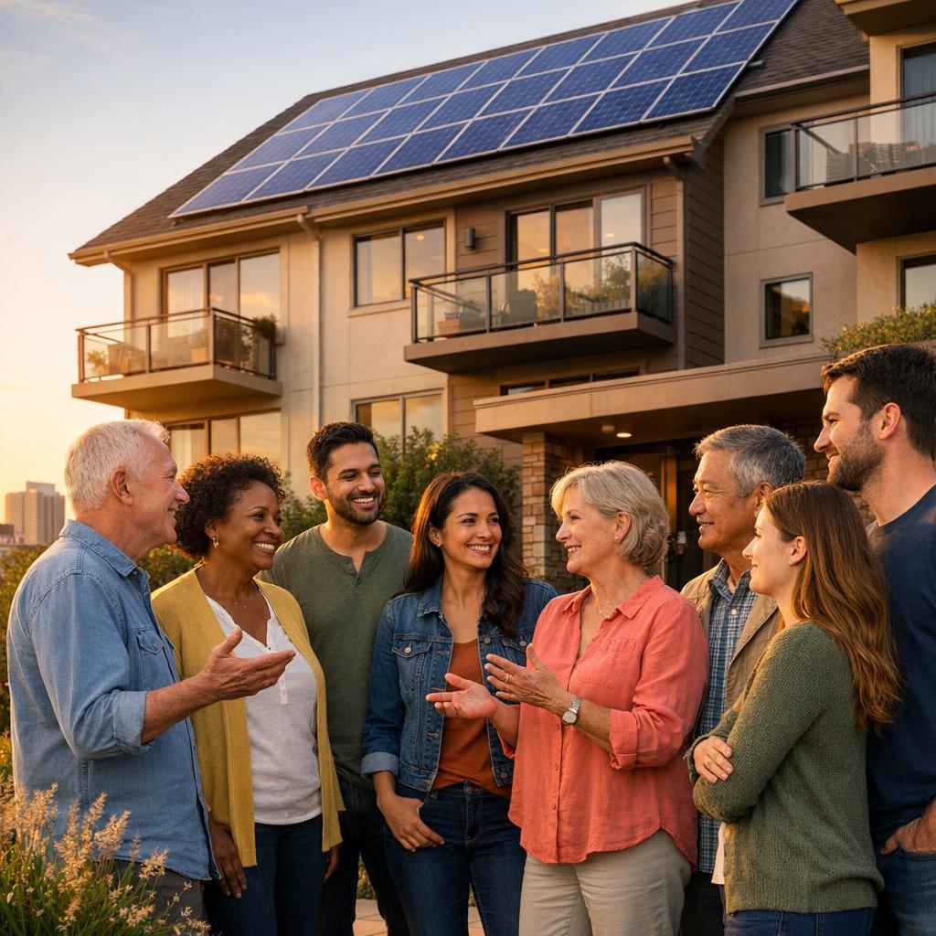 Verbrauchsausweis: Hausgemeinschaft vor einem energieeffizienten Mehrfamilienhaus mit Solaranlage